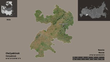 Chelyabinsk 'in şekli, Rusya bölgesi ve başkenti. Uzaklık ölçeği, ön gösterimler ve etiketler. Uydu görüntüleri. 3B görüntüleme