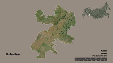 Rusya 'nın başkenti Chelyabinsk' in katı arka planda izole edilmiş hali. Uzaklık ölçeği, bölge önizlemesi ve etiketleri. Uydu görüntüleri. 3B görüntüleme