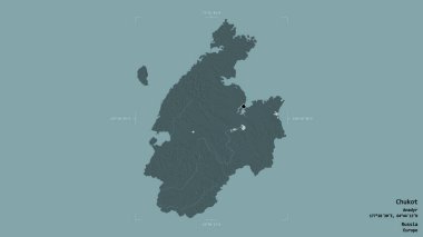 Chukot bölgesi, Rusya 'nın özerk bölgesi, jeoreferatlı bir sınır kutusunda sağlam bir arka planda izole edilmiş. Etiketler. Renkli yükseklik haritası. 3B görüntüleme
