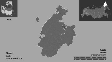 Chukot 'un şekli, Rusya' nın özerk bölgesi ve başkenti. Uzaklık ölçeği, ön gösterimler ve etiketler. Çift seviyeli yükseklik haritası. 3B görüntüleme