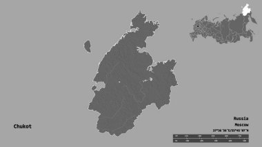 Rusya 'nın özerk eyaleti Chukot' un şekli, başkenti sağlam bir zemin üzerinde izole edilmiştir. Uzaklık ölçeği, bölge önizlemesi ve etiketleri. Çift seviyeli yükseklik haritası. 3B görüntüleme