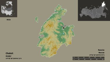 Chukot 'un şekli, Rusya' nın özerk bölgesi ve başkenti. Uzaklık ölçeği, ön gösterimler ve etiketler. Topografik yardım haritası. 3B görüntüleme
