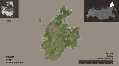 Chukot 'un şekli, Rusya' nın özerk bölgesi ve başkenti. Uzaklık ölçeği, ön gösterimler ve etiketler. Uydu görüntüleri. 3B görüntüleme
