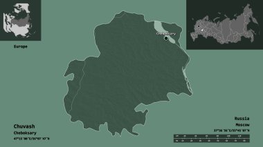 Chuvash 'ın sureti, Rusya Cumhuriyeti ve başkenti. Uzaklık ölçeği, ön gösterimler ve etiketler. Renkli yükseklik haritası. 3B görüntüleme