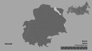 Rusya Cumhuriyeti 'nin başkenti Chuvash' ın katı bir zemin üzerinde izole edilmiş hali. Uzaklık ölçeği, bölge önizlemesi ve etiketleri. Çift seviyeli yükseklik haritası. 3B görüntüleme