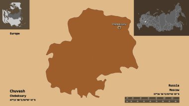 Chuvash 'ın sureti, Rusya Cumhuriyeti ve başkenti. Uzaklık ölçeği, ön gösterimler ve etiketler. Düzenli desenli dokuların bileşimi. 3B görüntüleme