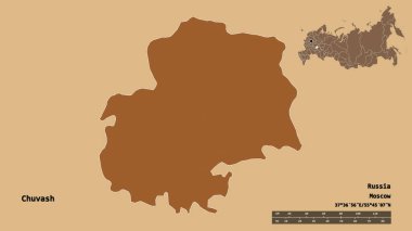 Rusya Cumhuriyeti 'nin başkenti Chuvash' ın katı bir zemin üzerinde izole edilmiş hali. Uzaklık ölçeği, bölge önizlemesi ve etiketleri. Düzenli desenli dokuların bileşimi. 3B görüntüleme