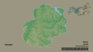 Rusya Cumhuriyeti 'nin başkenti Chuvash' ın katı bir zemin üzerinde izole edilmiş hali. Uzaklık ölçeği, bölge önizlemesi ve etiketleri. Topografik yardım haritası. 3B görüntüleme