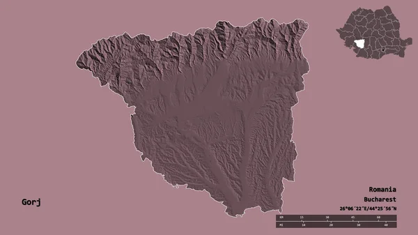 罗马尼亚高利县的形状 其首都在坚实的背景上与世隔绝 距离尺度 区域预览和标签 彩色高程图 3D渲染 — 图库照片