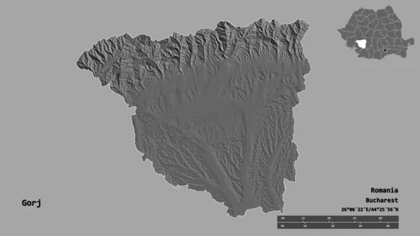 罗马尼亚高利县的形状 其首都在坚实的背景上与世隔绝 距离尺度 区域预览和标签 Bilevel高程图 3D渲染 — 图库照片