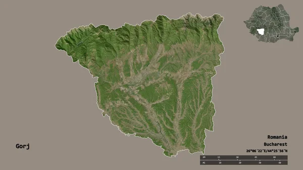 ルーマニアの郡ゴルジの形で その首都はしっかりとした背景に隔離されています 距離スケール リージョンプレビュー およびラベル 衛星画像 3Dレンダリング — ストック写真