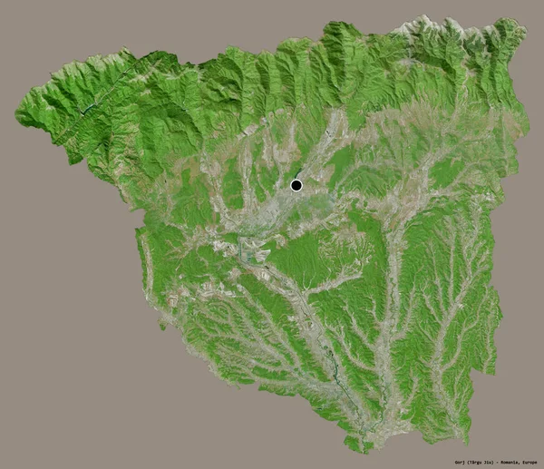 ルーマニアの郡ゴルジの形で その首都はしっかりとした色の背景に隔離されています 衛星画像 3Dレンダリング — ストック写真