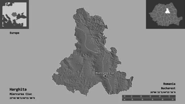 ハリータの形 ルーマニアの郡とその首都 距離スケール プレビューおよびラベル 標高マップ 3Dレンダリング — ストック写真