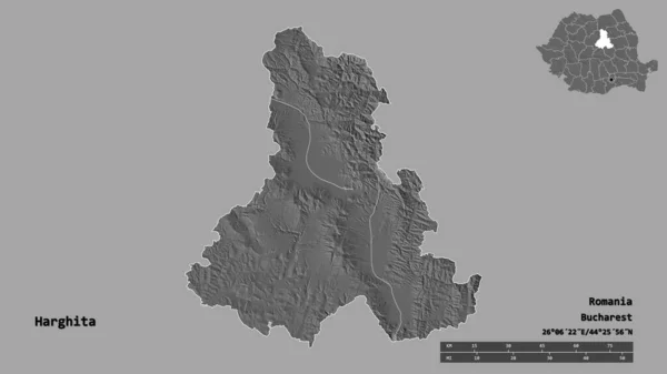 ルーマニアの郡であるハルヒータの形で その首都はしっかりとした背景に隔離されています 距離スケール リージョンプレビュー およびラベル 標高マップ 3Dレンダリング — ストック写真