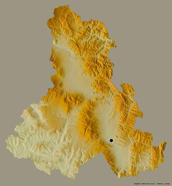Romanya 'nın Harghita ilçesi, başkenti katı renk arka planına izole edilmiş durumda. Topografik yardım haritası. 3B görüntüleme