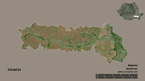 ルーマニアの郡イアロミタの形で その首都はしっかりとした背景に隔離されています 距離スケール リージョンプレビュー およびラベル 衛星画像 3Dレンダリング — ストック写真