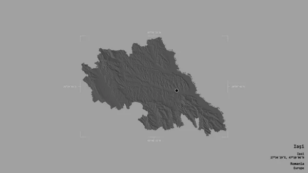 ルーマニアの郡ヤシの地域は 洗練された境界の箱の中にしっかりとした背景に隔離されています ラベル 標高マップ 3Dレンダリング — ストック写真