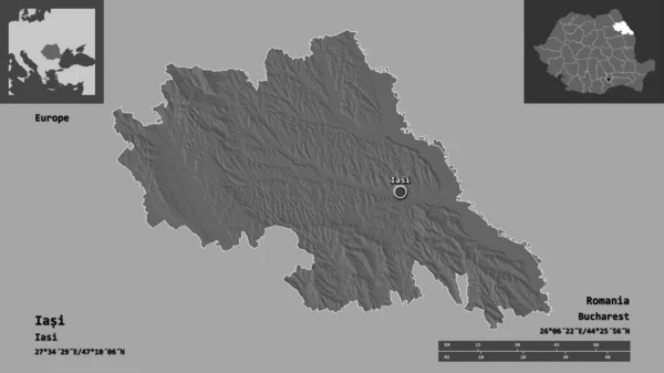 イアシの形 ルーマニアの郡とその首都 距離スケール プレビューおよびラベル 標高マップ 3Dレンダリング — ストック写真