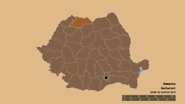 Desaturerad Form Rumänien Med Dess Huvudstad Huvudsakliga Regionala Indelning Och — Stockfoto