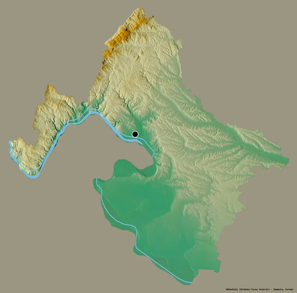 Romanya 'nın Mehedinti ilçesi, başkenti katı renk arka planına izole edilmiş durumda. Topografik yardım haritası. 3B görüntüleme