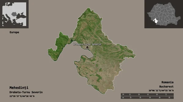 メヘディンティの形 ルーマニアの郡とその首都 距離スケール プレビューおよびラベル 衛星画像 3Dレンダリング — ストック写真