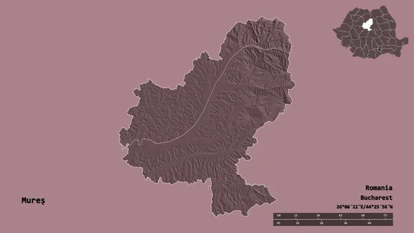 Mures形状 罗马尼亚县 其首都孤立的坚实的背景 距离尺度 区域预览和标签 彩色高程图 3D渲染 — 图库照片