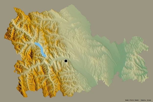 ルーマニアの郡ネアムトの形で その首都はしっかりとした色の背景に隔離されています 地形図 3Dレンダリング — ストック写真