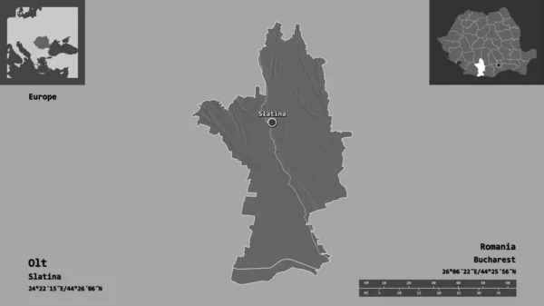 奥尔特的形状 罗马尼亚的县城 距离刻度 预览和标签 Bilevel高程图 3D渲染 — 图库照片