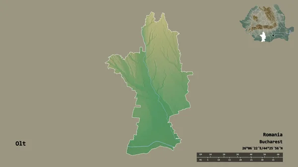 ルーマニアの郡オルトの形で その首都はしっかりとした背景に隔離されています 距離スケール リージョンプレビュー およびラベル 地形図 3Dレンダリング — ストック写真