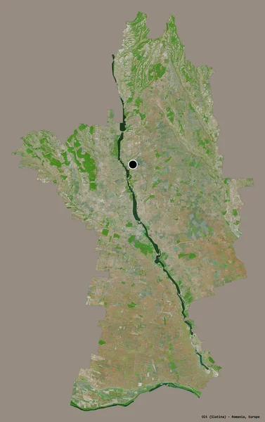 ルーマニアの郡オルトの形で その首都はしっかりとした色の背景に隔離されています 衛星画像 3Dレンダリング — ストック写真