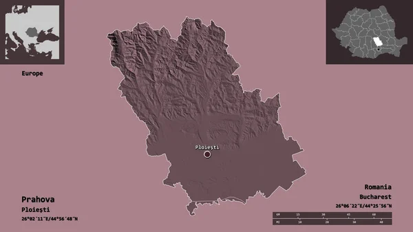 プラホヴァの形 ルーマニアの郡とその首都 距離スケール プレビューおよびラベル 色の標高マップ 3Dレンダリング — ストック写真