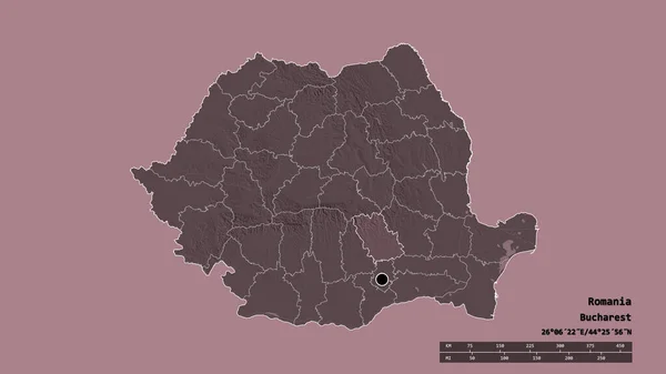 以首都 主要区域分部和分隔的普拉霍瓦地区为首都的罗马尼亚的绝望面貌 彩色高程图 3D渲染 — 图库照片