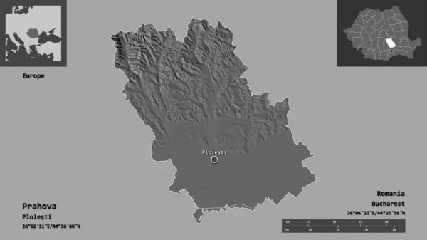 プラホヴァの形 ルーマニアの郡とその首都 距離スケール プレビューおよびラベル 標高マップ 3Dレンダリング — ストック写真