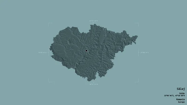 ルーマニアの郡サラジの地域は 洗練された境界ボックス内のしっかりとした背景に隔離されています ラベル 色の標高マップ 3Dレンダリング — ストック写真