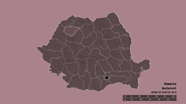 以首都 主要区域分部和分离的萨拉伊地区为首都的罗马尼亚的绝望面貌 彩色高程图 3D渲染 — 图库照片