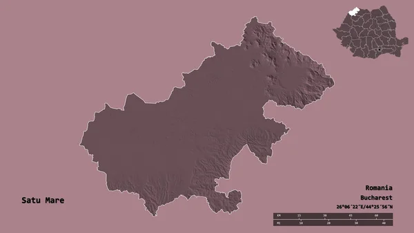 ルーマニアの郡サトゥ マーレの形で その首都はしっかりとした背景に隔離されています 距離スケール リージョンプレビュー およびラベル 色の標高マップ 3Dレンダリング — ストック写真