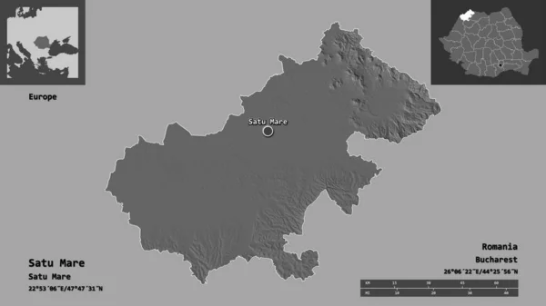 ルーマニアの郡であるサトゥ マーレとその首都の形 距離スケール プレビューおよびラベル 標高マップ 3Dレンダリング — ストック写真