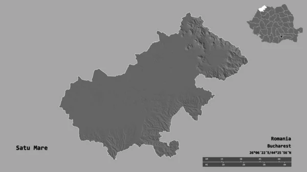萨图马尔的形状 罗马尼亚县 其首都孤立的坚实的背景 距离尺度 区域预览和标签 Bilevel高程图 3D渲染 — 图库照片