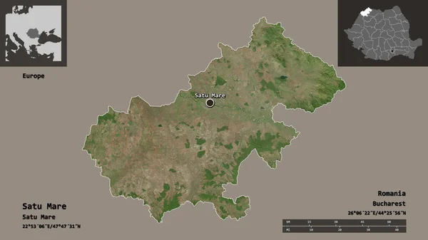 ルーマニアの郡であるサトゥ マーレとその首都の形 距離スケール プレビューおよびラベル 衛星画像 3Dレンダリング — ストック写真
