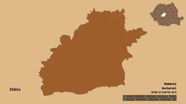 Kształt Sibiu Okręgu Rumuńskiego Stolicą Odizolowaną Solidnym Tle Skala Odległości — Zdjęcie stockowe