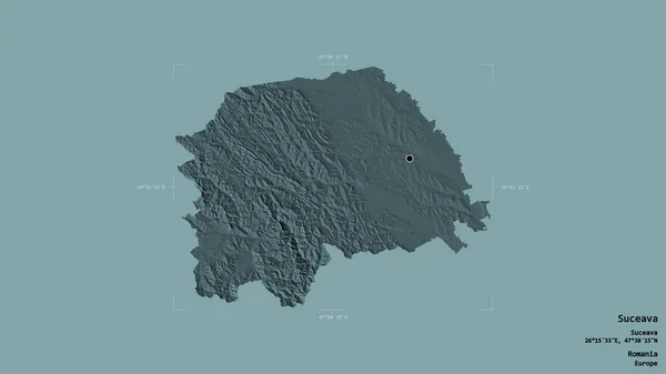 ルーマニアの郡スカエヴァの地域は 洗練された境界線の箱の中にしっかりとした背景に隔離されています ラベル 色の標高マップ 3Dレンダリング — ストック写真