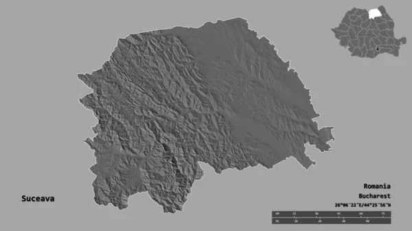 ルーマニアの郡であるスクエバの形は その首都をしっかりとした背景に孤立させています 距離スケール リージョンプレビュー およびラベル 標高マップ 3Dレンダリング — ストック写真