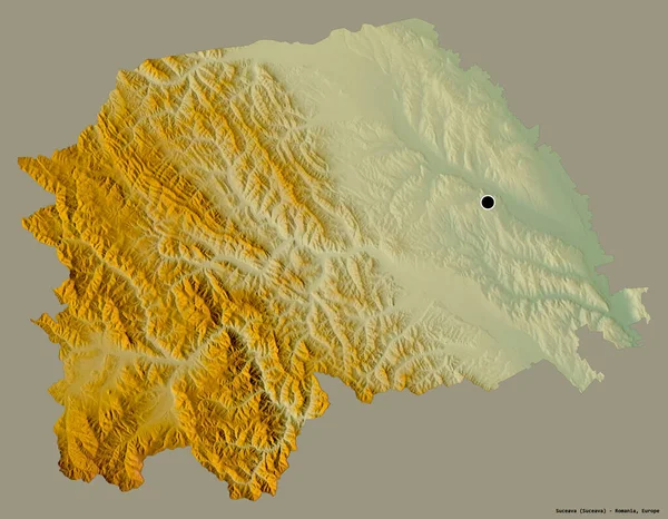 罗马尼亚苏克雷瓦县的形状 其首都以纯色背景隔离 地形浮雕图 3D渲染 — 图库照片