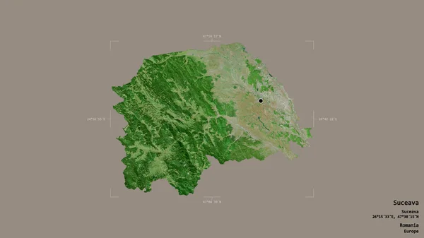 ルーマニアの郡スカエヴァの地域は 洗練された境界線の箱の中にしっかりとした背景に隔離されています ラベル 衛星画像 3Dレンダリング — ストック写真