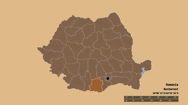 Desaturated Shape Romania Its Capital Main Regional Division Separated Teleorman — Stock Photo, Image