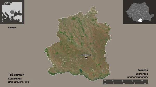 ルーマニアの郡であるテレオルマンとその首都の形 距離スケール プレビューおよびラベル 衛星画像 3Dレンダリング — ストック写真