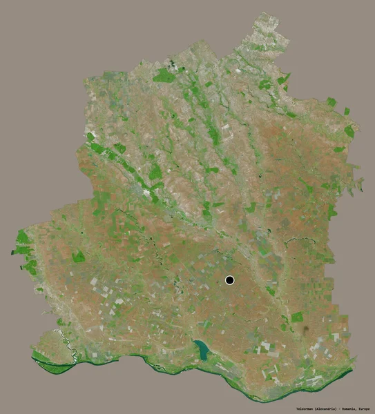 ルーマニアの郡であるテレオーマンの形で その首都はしっかりした色の背景に隔離されています 衛星画像 3Dレンダリング — ストック写真