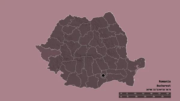 以首都 主要区域分部和分隔的帝汶人地区为首都的罗马尼亚的绝望面貌 彩色高程图 3D渲染 — 图库照片