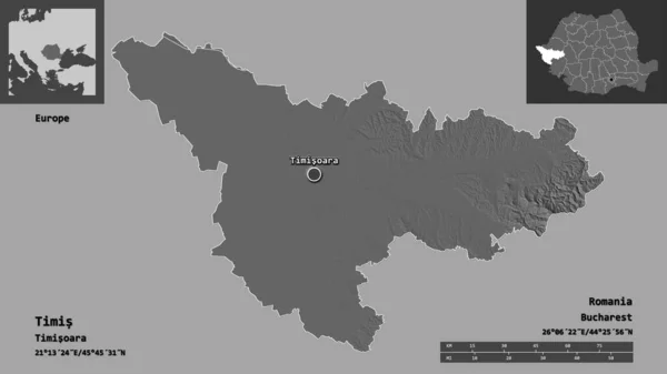 ティミスの形 ルーマニアの郡とその首都 距離スケール プレビューおよびラベル 標高マップ 3Dレンダリング — ストック写真