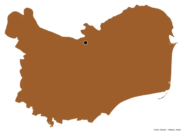 Forma Tulcea Condado Romênia Com Sua Capital Isolada Fundo Branco — Fotografia de Stock